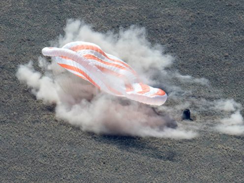 A Russian Soyuz MS-17 space capsule stands on the ground after landing (Roscosmos/AP)