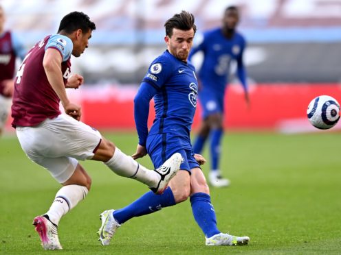 West Ham’s Fabian Balbuena, left, was controversially sent off after catching Chelsea’s Ben Chilwell with his studs (Justin Setterfield/PA)