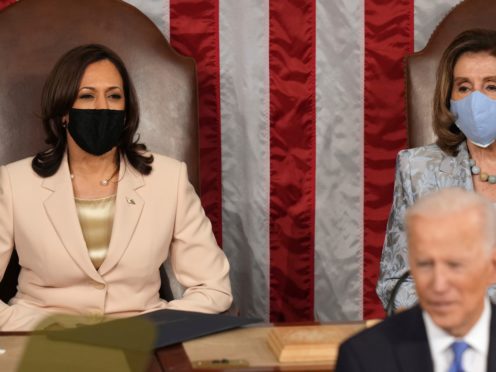 President Joe Biden speaks to a joint session of Congress, as Vice President Kamala Harris and House Speaker Nancy Pelosi listen. (Doug Mills/The New York Times/AP)
