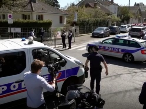 Police near the scene of a stabbing at a police station in Rambouillet, south-west of Paris(Clement Lanot via AP)