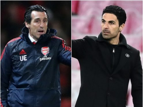 Former Arsenal head coach Unai Emery (left) comes up against his successor Mikel Arteta on Thursday night (Nick Potts/ Michael Regan/PA)