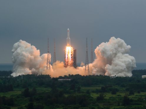 A Long March 5B rocket carrying a module for a Chinese space station lifts off from the Wenchang Spacecraft Launch Site in Wenchang in southern China’s Hainan Province (Ju Zhenhua/Xinhua News Agency via AP)