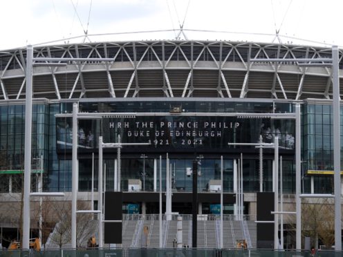 A tribute to the Duke of Edinburgh, on display at Wembley Stadium (Adam Davy/PA)