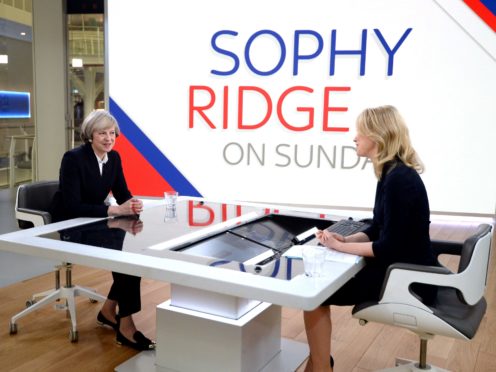 Former Prime Minister Theresa May is interviewed by Sophy Ridge on Sky News (John Stillwell/PA)