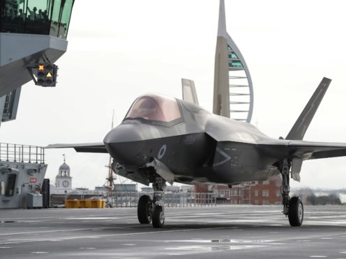 An RAF F35 preparing for take off from the Royal Navy aircraft carrier HMS Queen Elizabeth (LPhot Belinda Alker/MoD/PA)