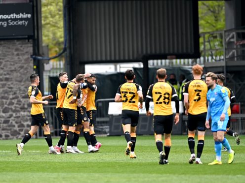 Newport celebrate Joss Labadie’s goal (Simon Galloway/PA)