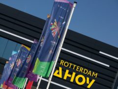 Flags fly outside the venue during rehearsals at the Eurovision Song Contest at Ahoy arena in Rotterdam, Netherlands (Peter Dejong/AP)