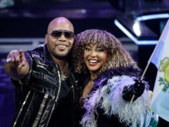 Rapper Flo Rida, left, and Senhit celebrate San Marino qualifying for Saturday’s Eurovision Song Contest final (AP Photo/Peter Dejong)