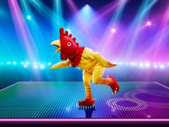 Ski jumper Eddie the Eagle has been identified as Rubber Chicken on The Masked Dancer (ITV/PA)