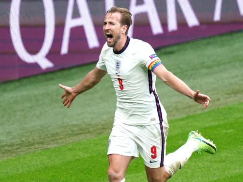 Harry Kane celebrates scoring England’s second goal of the game (Mike Egerton/PA)