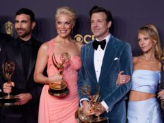 Ted Lasso stars Brett Goldstein, Hannah Waddingham, Jason Sudeikis and Juno Temple with their Emmys (Chris Pizzello/AP)