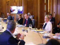 First Minister Paul Givan and deputy First Minister Michelle O’Neill attend the first in-person Executive meeting since last October (Press Eye/PA)