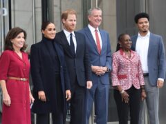 Governor of New York State Kathy Hochul, left to right, the Duchess and Duke of Sussex, New York City mayor Bill de Blasio, first lady of New York Chirlane McCray and son Dante de Blasio after visiting the One World Observatory (Michael Appleton/Mayoral Photography Office/PA)