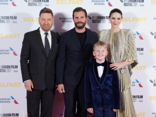 Sir Kenneth Branagh, left to right, Jamie Dornan, Jude Hill and Caitriona Balfe at the film’s premiere (Ian West/PA)