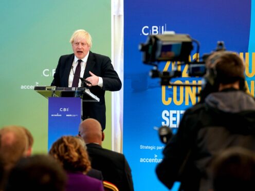 Prime Minister Boris Johnson speaking at the CBI annual conference, where at one point he lost his place for almost 30 seconds (Owen Humphreys/PA)