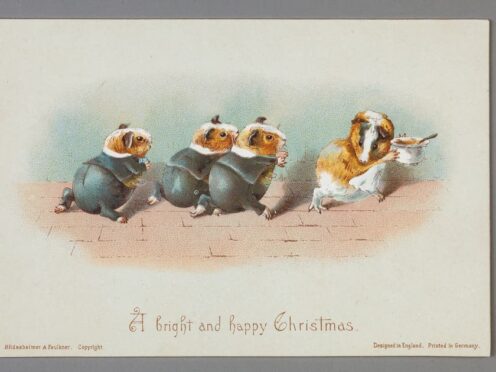 A Christmas card designed by Beatrix Potter in the early 1890s, showing three guinea pigs in schoolboy suits chasing after their mother (Frederick Warne & Co/PA)
