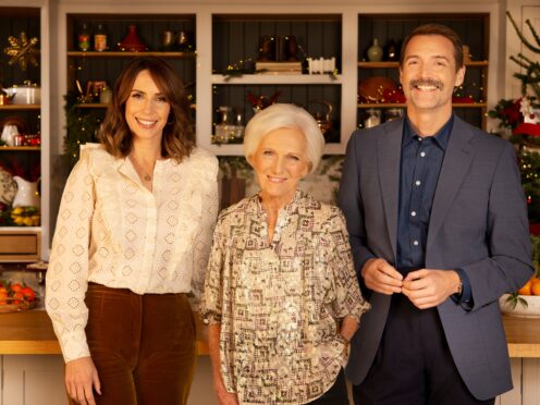 Alex Jones, Dame Mary Berry and Patrick Grant in Mary Berry’s Festive Feasts (BBC/PA)
