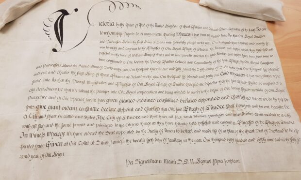 The charter signed by Queen Victoria confirming Dundee's transition to a city.