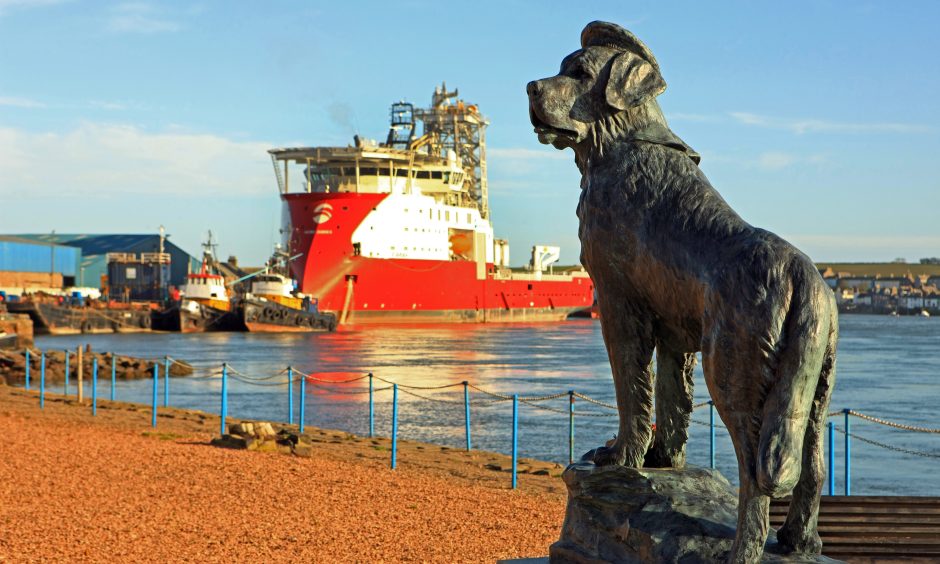 General view of the Bamse statue, at Montrose harbour.