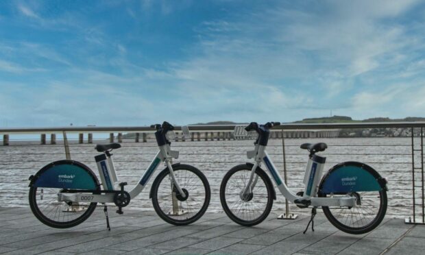Two of the e-bikes at Dundee's waterfront in 2020.