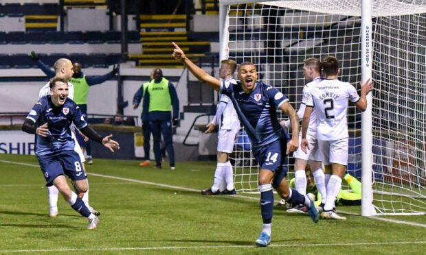 Frankie Musonda celebrates putting Raith 2-0 up.