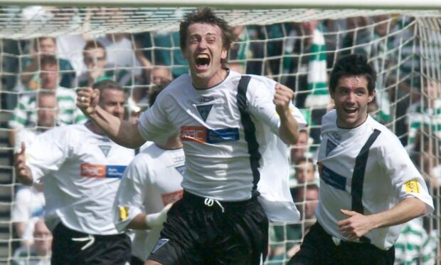 Andrius Skerla roars with joy after scoring for Dunfermline Athletic in the 2004 Scottish Cup final against Celtic.
