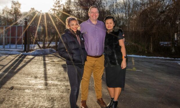 Fergus McCallum alongside wife Isara (right) and daughter Mia at the Rie-Achan Car Park. Image: Steve MacDougall/DC Thomson.