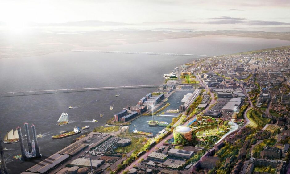 Artist's impression showing the Dundee Eden Project at the city docks. The old industrial area is transformed with green spaces.