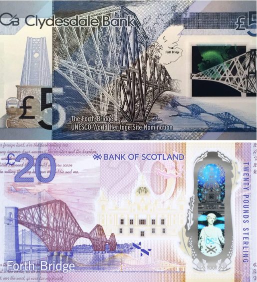 Bank notes featuring Shahbaz Majeed images of the Forth bridges.