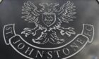 The St Johnstone club crest at the front of the McDiarmid Park main stand.