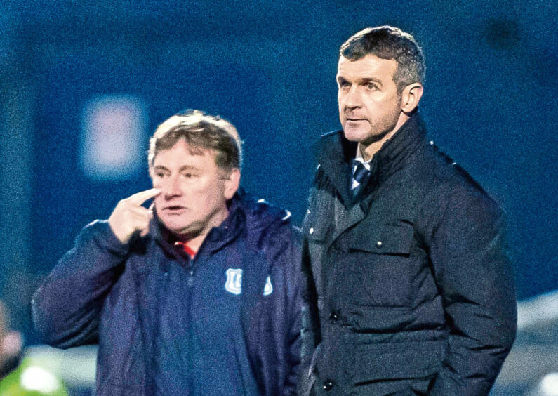 Jimmy Boyle (left) and Jim McIntyre on the touchline for Dundee.