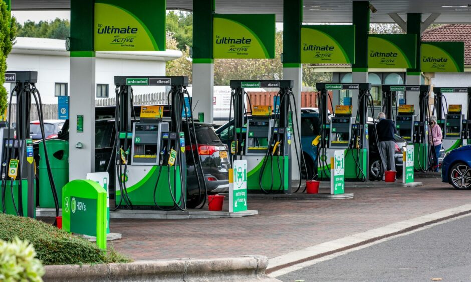 Cars line up for petrol in Dalgety Bay, Fife.