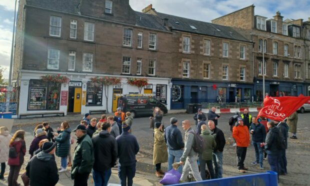 Workers outside Dundee University during strike action