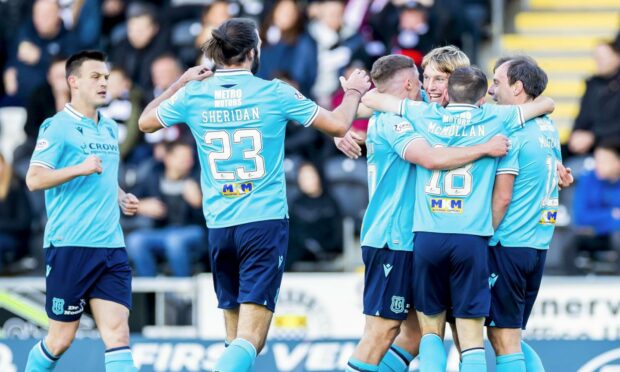 Dundee celebrate Max Anderson's opener at St Mirren.
