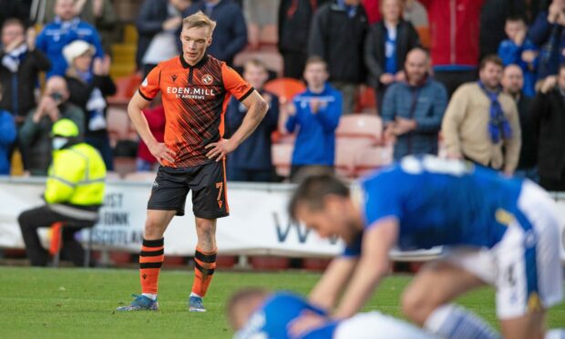Ilmari Niskanen is dejected as he tastes defeat for the first time as a Dundee United player
