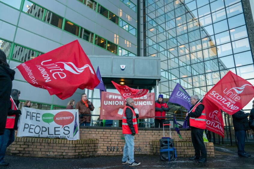 Union workers during a protest outside offices in Fife.