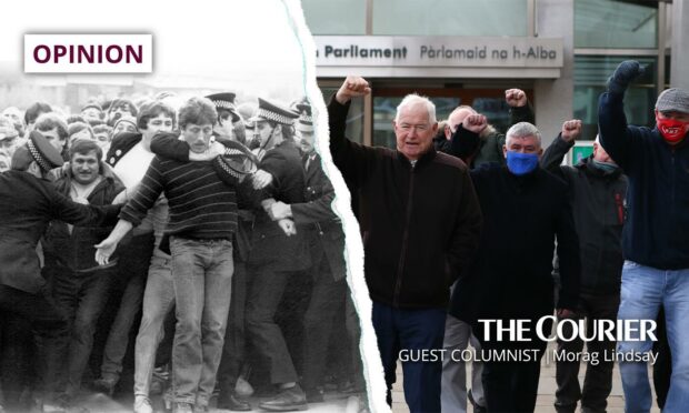 Miners on the picket lines, and outside the Scottish Parliament when the pardons were first announced.