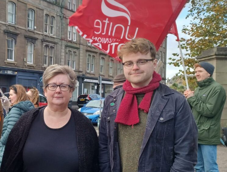 Unison members Mo Dickson and Lorcan Mullen outside Dundee University