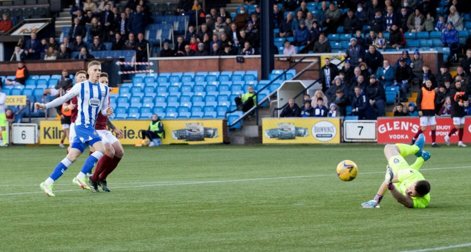 Derek Gaston makes a great save to deny Killie's Olly Shaw at the weekend after the striker was through on goal.