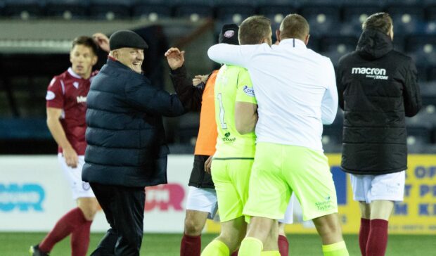 Dick Campbell celebrates with his team at full-time after beating Kilmarnock 1-0 at Rugby Park.