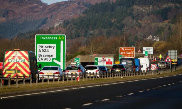Cars queuing during roadworks on the A9 south of Pitlochry.