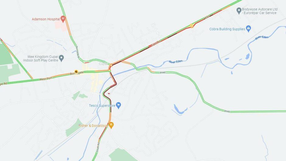 Google traffic data from Monday evening showing long delays in Cupar town centre and at the eastern entrance to the town.