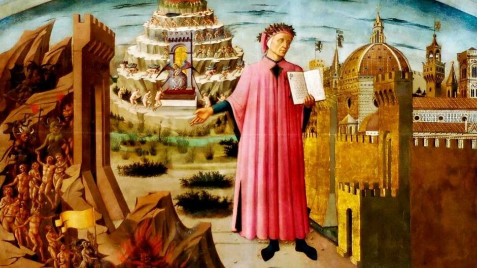 Dante shown holding a copy of the Divine Comedy, next to the entrance to Hell, the seven terraces of Mount Purgatory and the city of Florence, with the spheres of Heaven above, in Domenico di Michelino's 1465 fresco.
