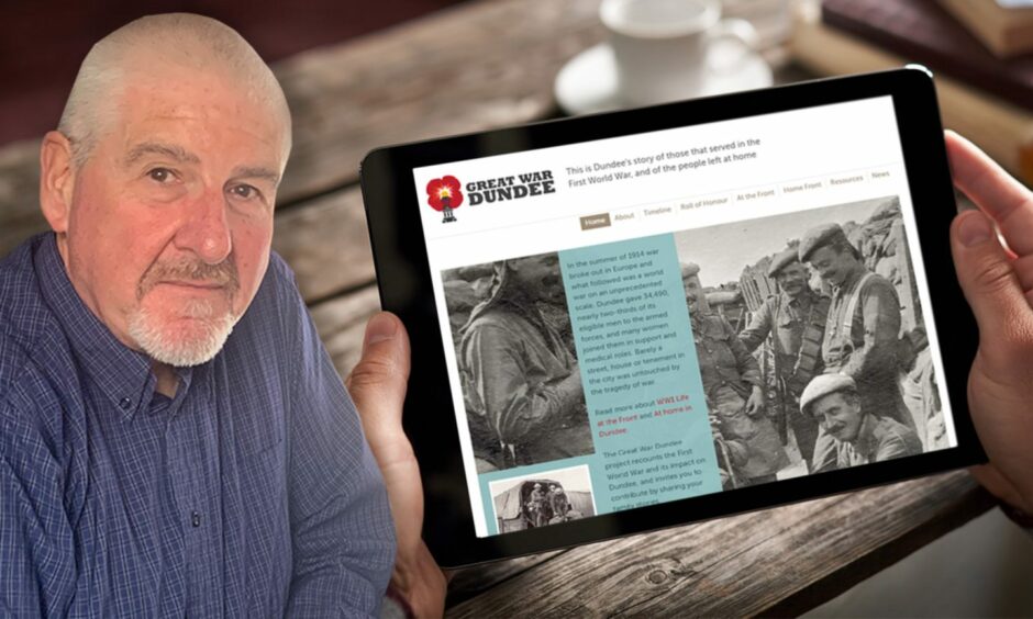 Gary Thomson and a tablet showing the Great War Dundee website
