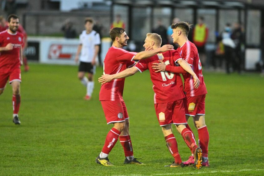 Brechin players celebrate after scoring against Clachnacuddin recently.