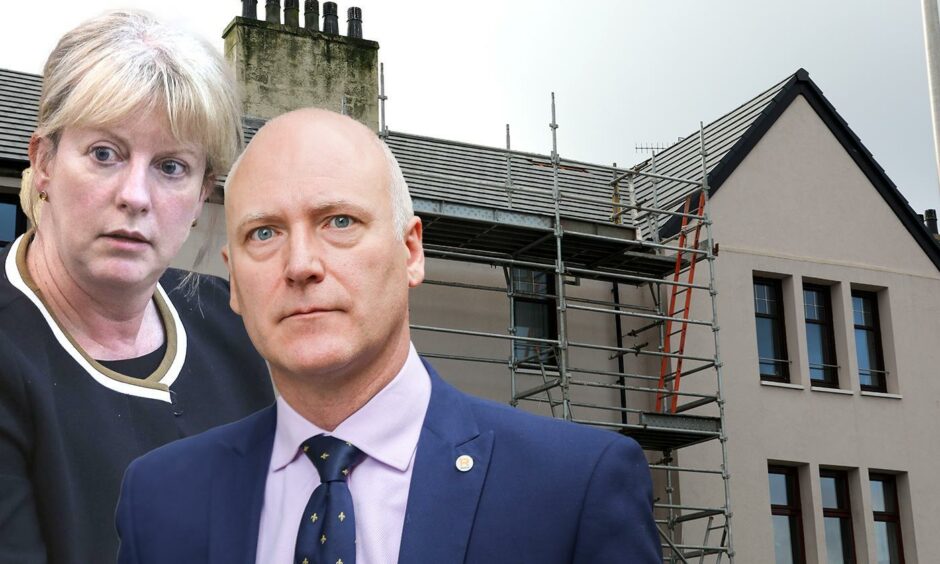 Shona Robison MSP and Joe FitzPatrick MSP inset on an image of work being done on a roof