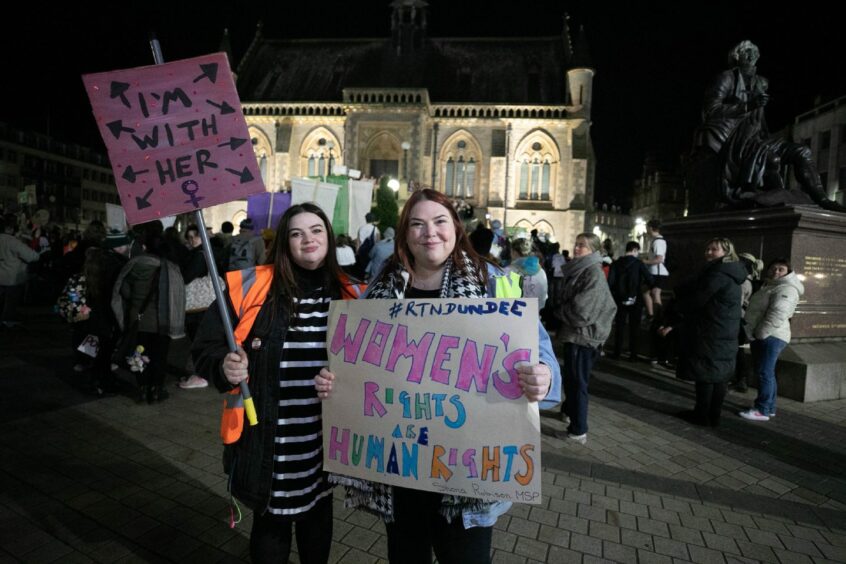 WRASAC worker Jenna Lawrence and Katie Hardy-Jensen, manager of WRASAC, at the protest outside the McManus Gallery.