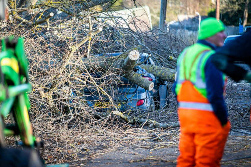 A car was crushed under trees that came down in Glenrothes due to Storm Arwen. ennedy Gardens, St Andrews - Saturday 27th November 2021 - Steve Brown / DCT Media