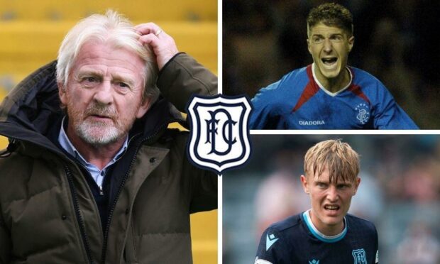 Dundee technical director Gordon Strachan, Gregory Vignal and academy product Max Anderson.
