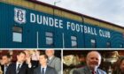 Dens Park. Below (from left): Dundee owners John Nelms and Tim Keyes and businessman John Bennett.